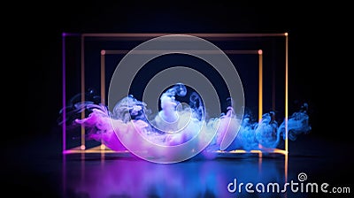 Abstract background with blue and purple smoke and golden frame. Stock Photo