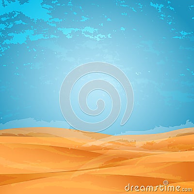 Abstract background, blue sky with clouds over the desert, the wind walking through the bright orange-yellow sand dunes Vector Illustration