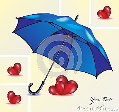 Abstract background with blue umbrella and red hearts. Vector Illustration