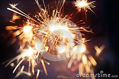 Abstract background blurry firework pyrotechnics and bokeh on the dark background for celebration concept Stock Photo