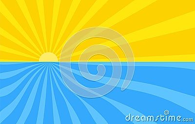 Abstract background with cartoon rays of yellow and blue color. Sun and ocean, summer template for your projects. The cartoon Vector Illustration