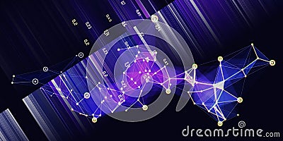 Abstract background with chaotic polygonal color grid and blurred data on dark. Big Data. Futuristic technology banner. Stock Photo