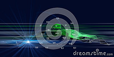 Abstract background with chaotic polygonal color grid and blurred lines data on black. Big Data. Futuristic technology banner. Stock Photo