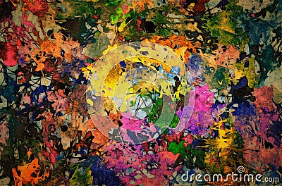 Abstract background of chaotic spray color paints smears and spots traces blur on a textured canvas Stock Photo