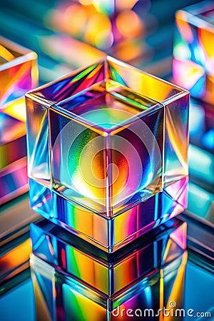 Abstract background with closeup shot of glossy crystal block with multicolored gradient reflection on blurred mirror surface Stock Photo