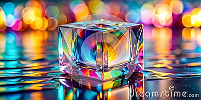 Abstract background with closeup shot of glossy crystal block with multicolored gradient reflection on blurred mirror surface Stock Photo