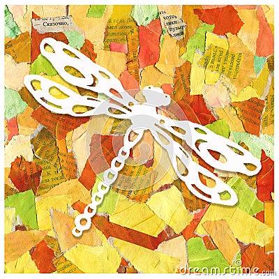 Abstract background collage of scraps of paper with the image of a dragonfly. Design of prints, packages, patterns, wrappers, Stock Photo