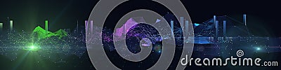 Abstract background color graph from chaotic polygons and blurred lines on blue. Technology concept data grid. Big Data. Banner Stock Photo