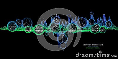 Abstract background color graph wireframe from circles and noisy audio lines on black. Technology wireframe concept virtual Vector Illustration