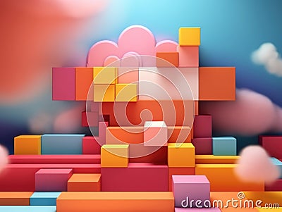 abstract background with colorful cubes and clouds in sky. product podium. ai Stock Photo