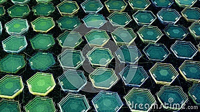 Abstract background with colorful hexagons, seamless loop. Animation. Technologic electricity backdrop, rows of hexagon Stock Photo