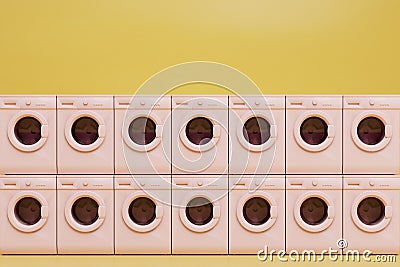 abstract background consisting of patterns of pink washing machines on a yellow background. 3D render Stock Photo