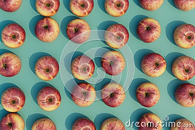 an abstract background consisting of patterns of red apples on a turquoise background. 3D render Stock Photo