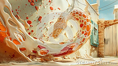 Abstract background consisting of a poisonous snake, honey, milk, envy symbol and blood on a sunny day, AI generated Stock Photo