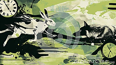 Abstract background consisting of a running rabbit, a clock, a wolf, black water, AI generated Stock Photo