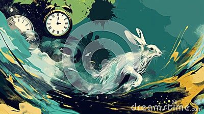 Abstract background consisting of a running rabbit, a clock, a wolf, black water, AI generated Stock Photo