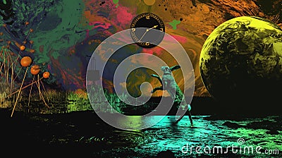 Abstract background consisting of a running rabbit, a clock, a wolf, black water, AI generated Stock Photo