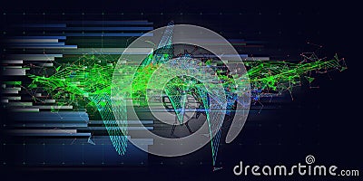 Abstract background contain color polygonaly graph with blurred lines on dark. Technology 3d wireframe polygonaly concept in Stock Photo