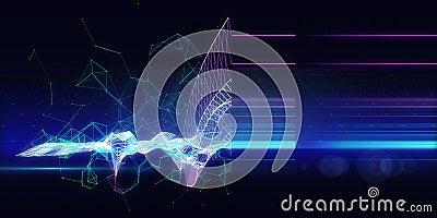Abstract background contain wireframe graph in chaotic tangle in glow on dark. Big Data. Technology polygonal concept in web Stock Photo