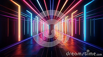 Abstract background of corridor with neon lights. Made with Generative AI. Stock Photo
