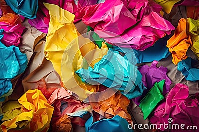 Abstract background of crumpled multicolored paper. Waste and plastic recycling and paper. Generative AI Stock Photo