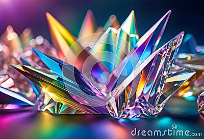 Abstract background with crystal diamonds in pink pearl color. Bright rainbow refraction. Glass crystal holographic background Cartoon Illustration