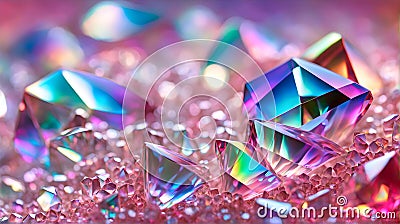 Abstract background with crystal diamonds in pink pearl color. Bright rainbow refraction. Glass crystal holographic background Cartoon Illustration