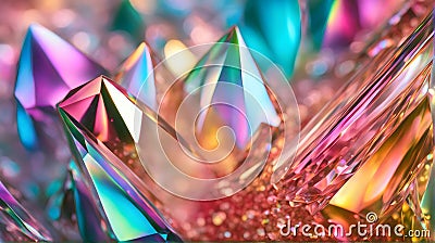 Abstract background with crystal diamonds in pink pearl color. Bright rainbow refraction. Glass crystal holographic background Cartoon Illustration