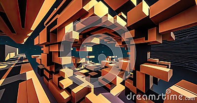 abstract background 3d geometric shapes. composition with orange geometric shapes. Abstract cosmic geometric polygon background. Stock Photo