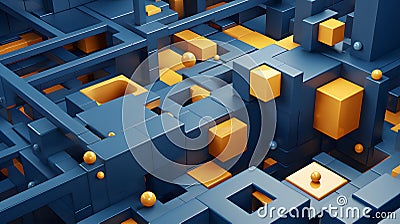 abstract background of 3D photorealistic gloss spheres and cuboid shapes in blue and yellow colors, neural network Stock Photo