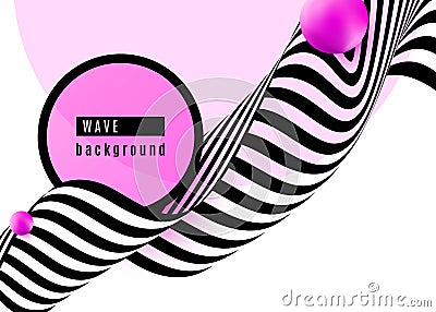 Abstract background design with stripe wave black and white lines, pink sphere shape, circle, frame. 3d optical motion Vector Illustration