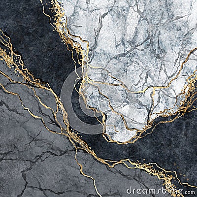 Abstract background, digital marbling illustration, black and white marble with golden veins, fake painted artificial stone Cartoon Illustration