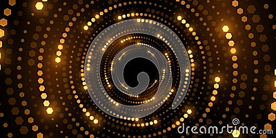 Abstract background of digital swirling circles. Futuristic vortex pattern of glowing golden hexagonal dots. Vector illustration Vector Illustration