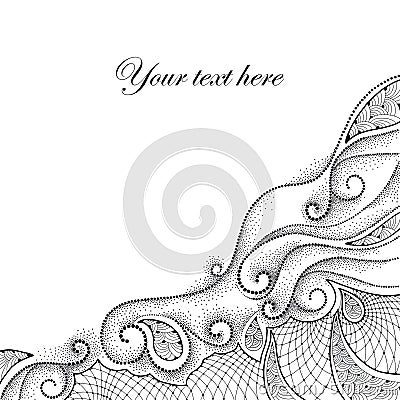 Abstract background with dotted swirls and contour decorative lace in black isolated on white background. Corner composition. Vector Illustration