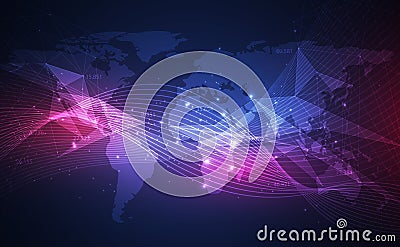 Abstract background with dynamic waves, big data visualization with a world map. vector illustration Vector Illustration