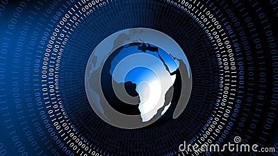 Abstract background with earth globe in blue - rings of binary code arranged in cylinder shape - global information technology Stock Photo