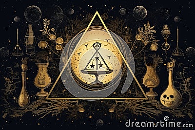 Abstract background with elements of alchemy and occultism Cartoon Illustration