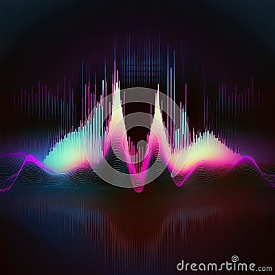 Abstract background with equalizer effect. Neon lights. Sound wave. Event flayer. Dance, house, techno party. Generative AI Stock Photo