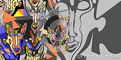 Abstract background with faces. Abstract multicolored texture of multicolor faces. Composition of strange faces and color schemes Stock Photo
