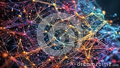 Network Abstract background featuring interweaving colored lines and dots Stock Photo