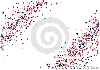 Abstract background with flying red blue silver stars confetti isolated. Blank festive template for usa patriotic holidays Stock Photo