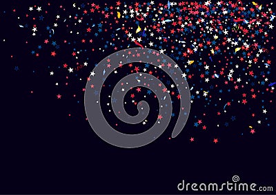 Abstract background with flying red blue silver stars confetti isolated. Blank festive template for usa patriotic holidays Stock Photo