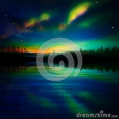 Abstract background with forest lake and sunrise Vector Illustration