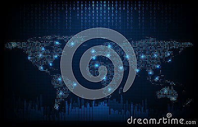 background of futuristic technology digital dots world maps with city background ,hightech screen concept Stock Photo