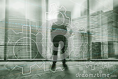 Abstract background gears concept. Silhouettes of business people on city background. Universal Technology Wallpaper Stock Photo