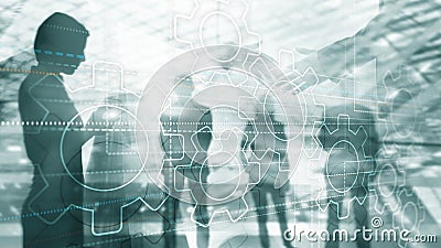 Abstract background gears concept. Silhouettes of business people on city background. Universal Technology Wallpaper. Stock Photo