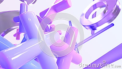 Abstract background with geometric 3d shapes in motion. Flying glass or crystal hologram rings, tubes, glossy pink and Cartoon Illustration