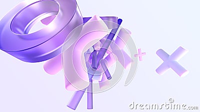 Abstract background with glossy and matte geometric 3d shapes. Flying glass or crystal hologram rings, purple tubes Cartoon Illustration