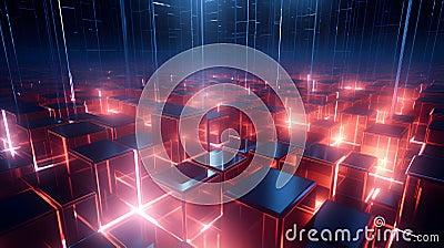 Abstract background of glowing black cuboids with red glowing fog, neural network generated image Stock Photo