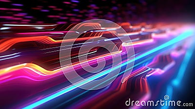 Glowing gold, purple and teal neon lines and waves, abstract background. Stock Photo